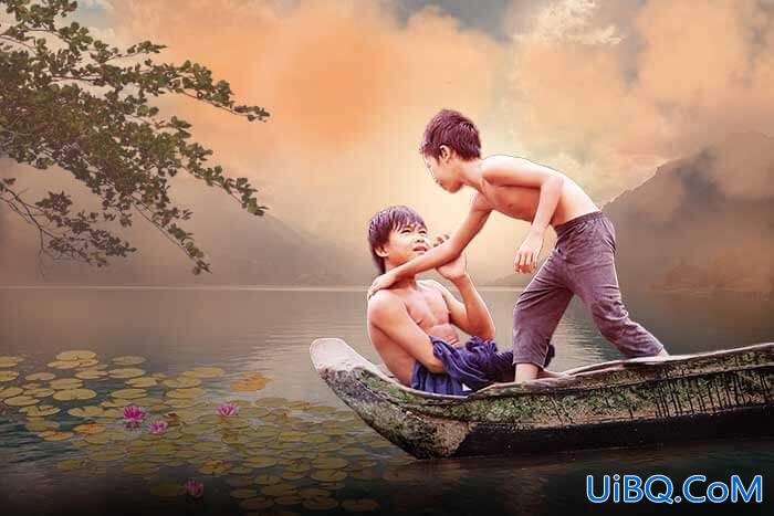 PS创意合成水上嬉戏的小男孩场景，画面非常温馨有意境。