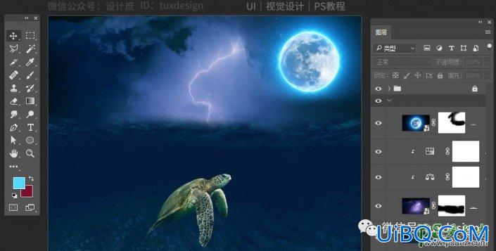 PS合成深夜中海龟畅游星空的场景特效图，海龟的夜游旅行