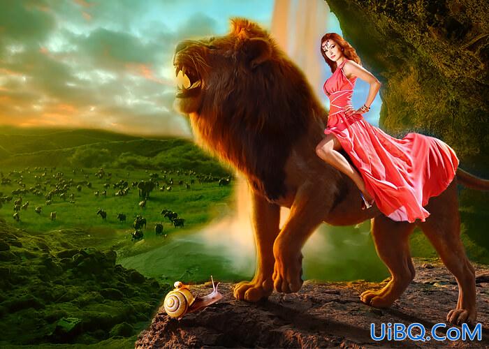 PS创意合成落日夕阳下骑着狮子的美女，美女与野兽经典合