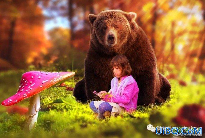 PS创意合成一头黑熊在森林里与小女孩儿一起看书的场景。