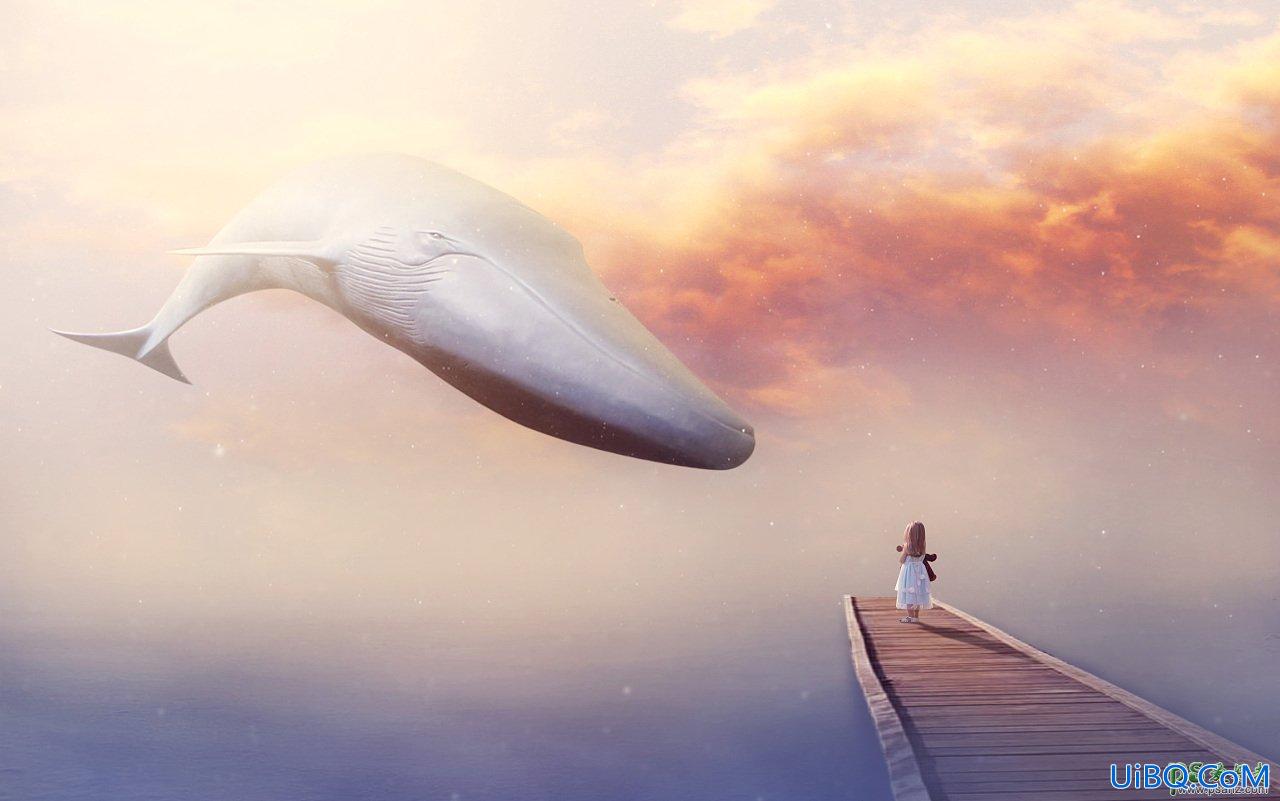 PS创意合成一个小女孩儿在天空的阶梯上遇见飞翔的鲸鱼场