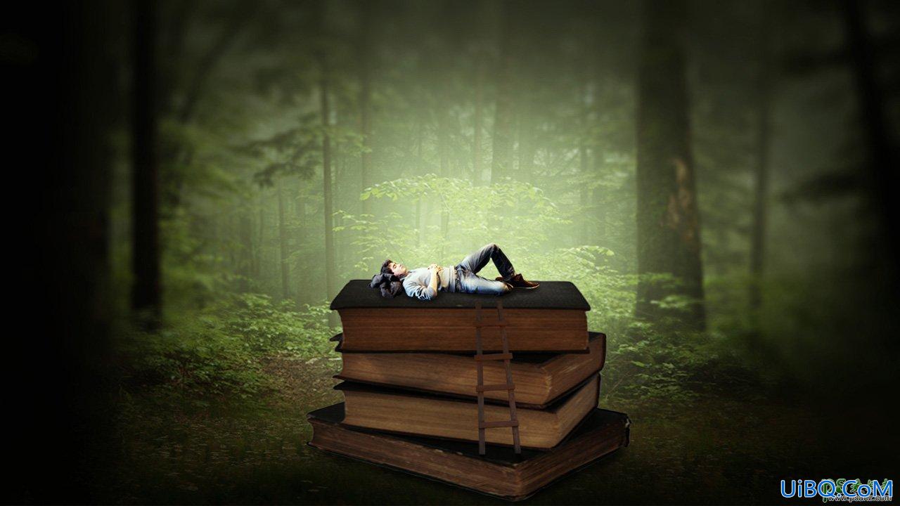 PS合成教程：创意打造森林秘境中在书本上睡觉的男孩场景