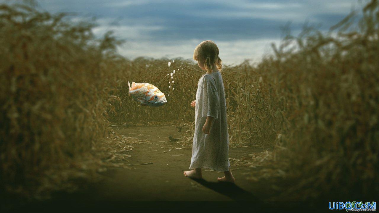 PS创意合成玉米地里小女孩儿与热带鱼效果的梦幻场景。