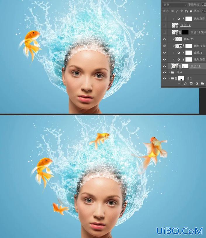 创意合成，Photoshop给人物头发加上极度清爽的金鱼游泳效果