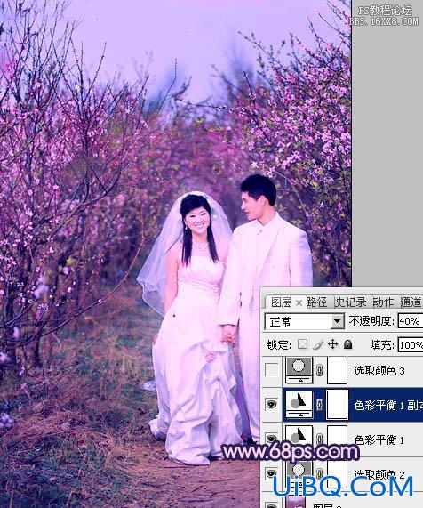 ps处理桃林婚纱照片艳丽的紫红色