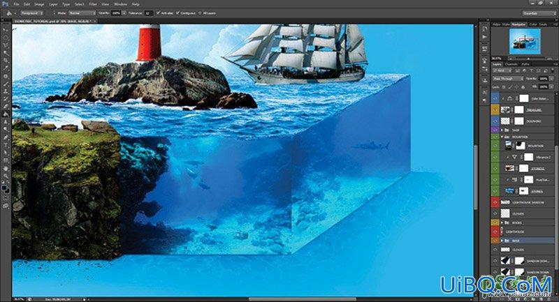 利用ps合成技术设计立方体海洋场景,大海中的灯塔和帆船立方体。
