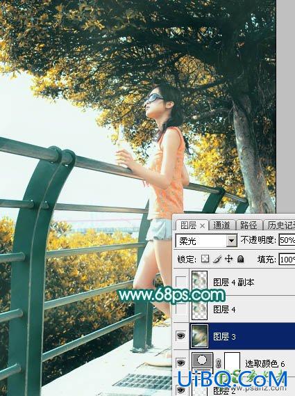 ps美女照片后期调色：给绿树下的清纯女孩儿调出唯美的橙黄色