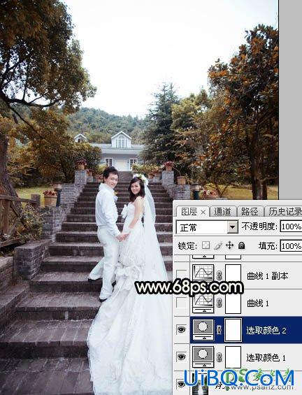 PS给园林中拍摄的情侣婚纱照调出唯美梦幻温馨的霞光色彩