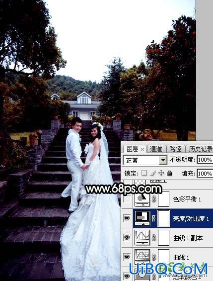 PS给园林中拍摄的情侣婚纱照调出唯美梦幻温馨的霞光色彩