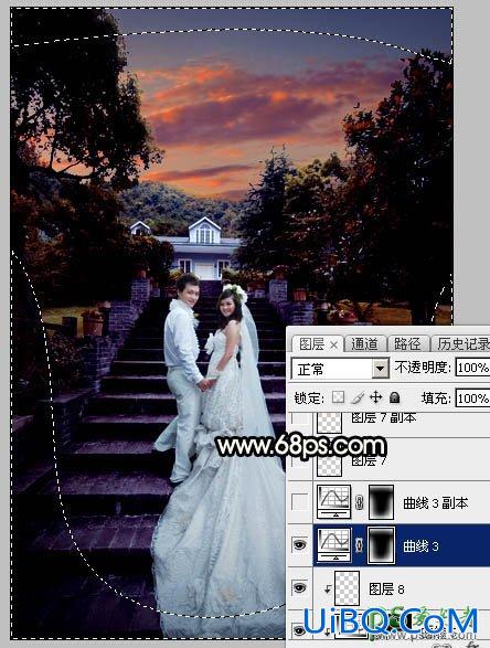 PS给园林中拍摄的情侣婚纱照调出唯美梦幻温馨的霞光色彩