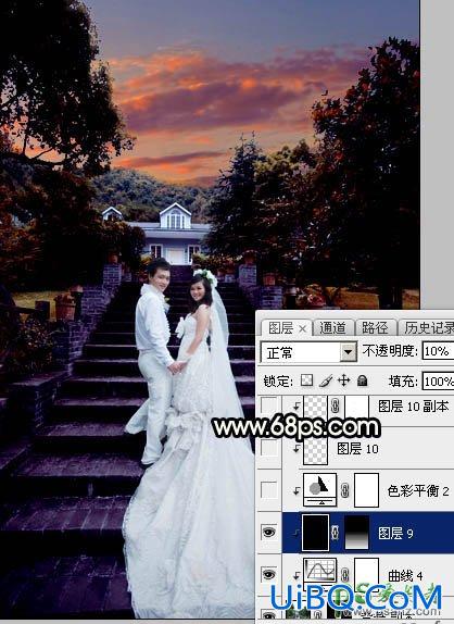 PS给园林中拍摄的情侣婚纱照调出唯美梦幻温馨的霞光色彩