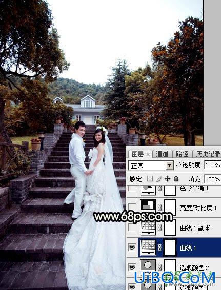 PS给园林中拍摄的情侣婚纱照调出唯美梦幻温馨的霞光色彩