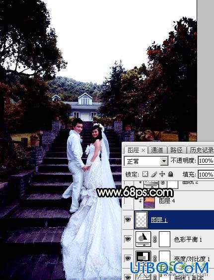 PS给园林中拍摄的情侣婚纱照调出唯美梦幻温馨的霞光色彩