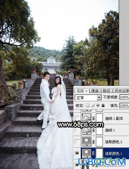 PS给园林中拍摄的情侣婚纱照调出唯美梦幻温馨的霞光色彩