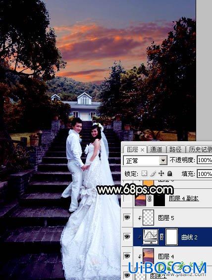 PS给园林中拍摄的情侣婚纱照调出唯美梦幻温馨的霞光色彩