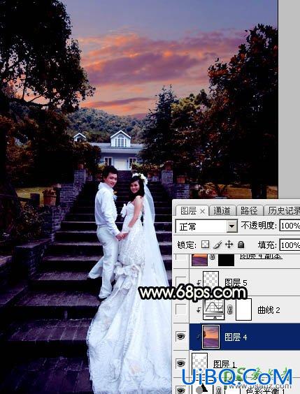 PS给园林中拍摄的情侣婚纱照调出唯美梦幻温馨的霞光色彩