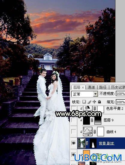 PS给园林中拍摄的情侣婚纱照调出唯美梦幻温馨的霞光色彩