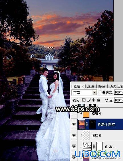 PS给园林中拍摄的情侣婚纱照调出唯美梦幻温馨的霞光色彩