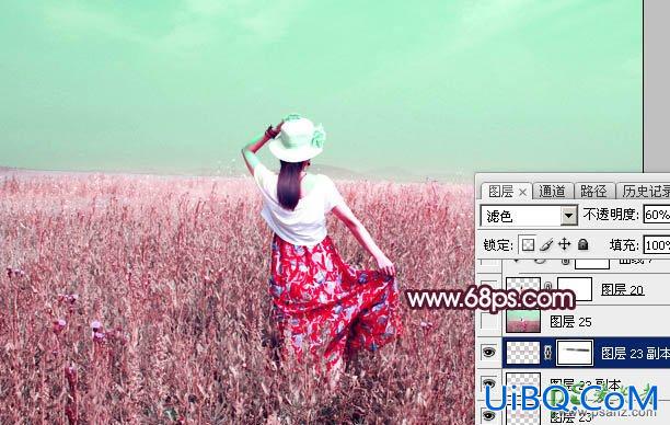 PS给绿色草原上的唯美少女写真图片调出魔幻般意境红绿色