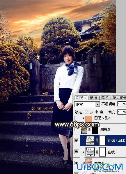 PS给性感空姐制服美女外景写真图片调出唯美的夕阳霞光色