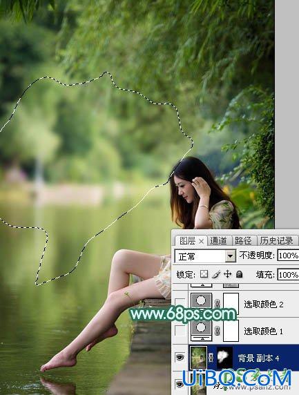 PS给湖景边自拍的甜美女孩儿性感照片调出唯美的青绿色效