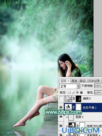 PS给湖景边自拍的甜美女孩儿性感照片调出唯美的青绿色效