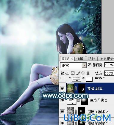 PS给清纯玉腿美脚女神艺术写真图片调出梦幻唯美的青绿色