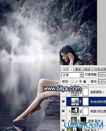 PS给春天里的清纯少女玉腿美脚写真照调出梦幻的暗蓝色