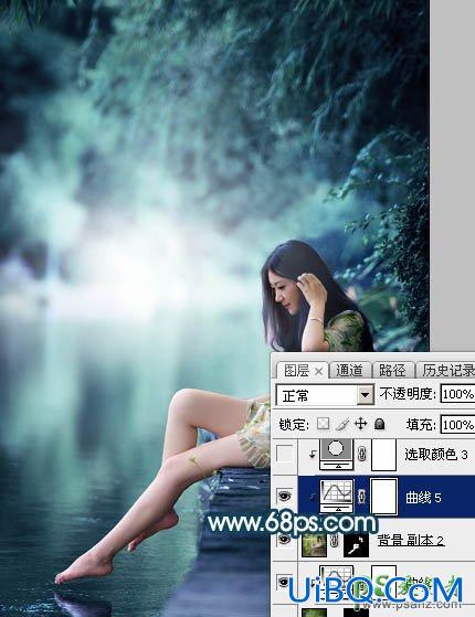 PS给清纯玉腿美脚女神艺术写真图片调出梦幻唯美的青绿色