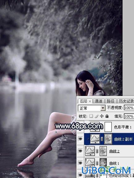 PS给春天里的清纯少女玉腿美脚写真照调出梦幻的暗蓝色