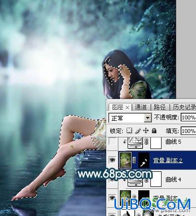 PS给清纯玉腿美脚女神艺术写真图片调出梦幻唯美的青绿色