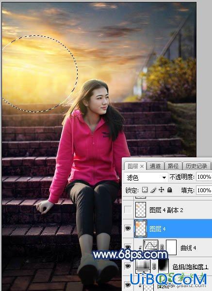 PS给古建筑边自拍的红色运动装青春少女写真图片调出霞光