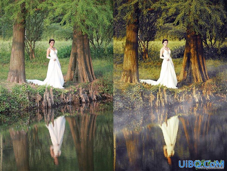 PS给水景边拍摄的婚纱艺术照调出复古风格的油画效果