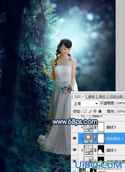 PS婚片调色：给树林中私拍漂亮女女婚纱照调出唯美的青蓝