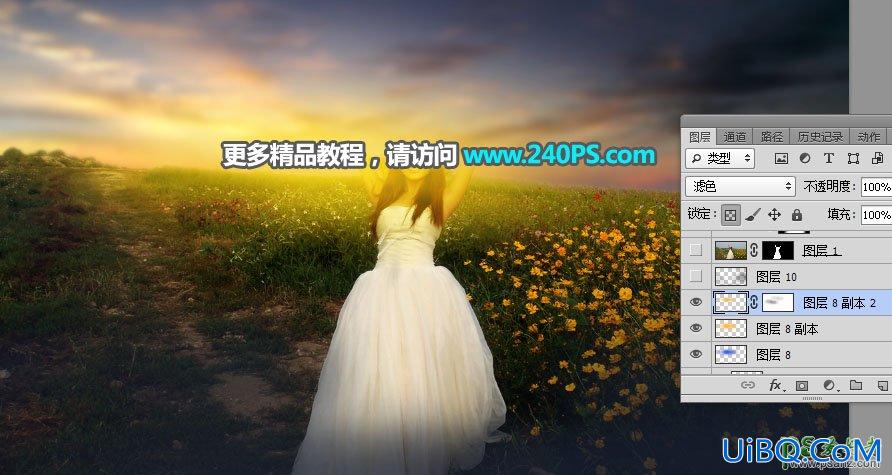 PS给花海中拍摄的漂亮美女婚纱艺术照加上大气的霞光色彩