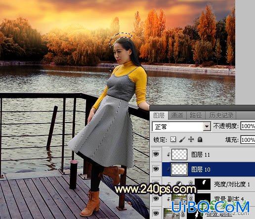 PS给公园湖边自拍的少妇写真照调出漂亮的霞光色彩。